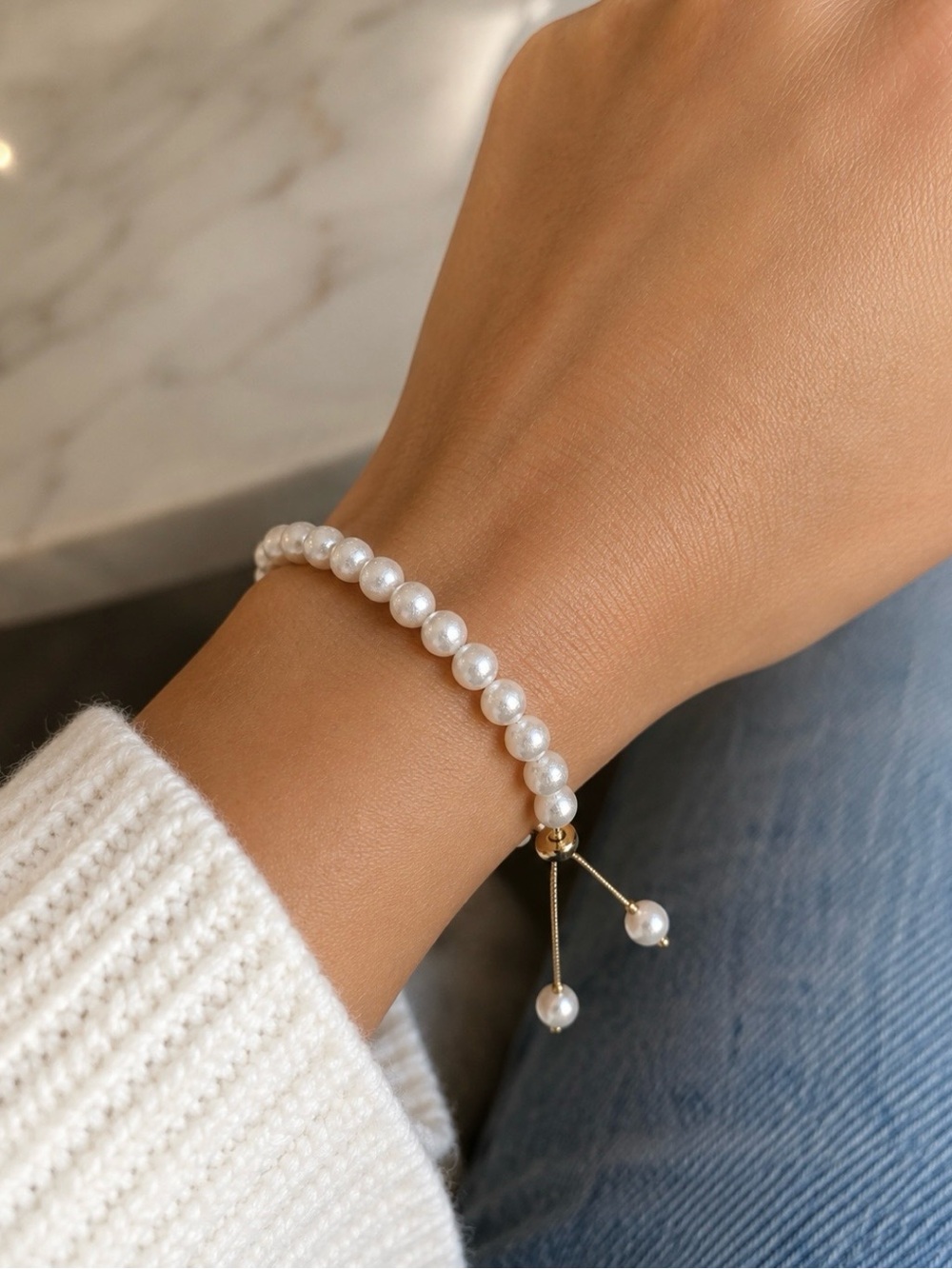 Faux Pearl Gold Adjustable Slider Bracelet Bridal Jewelry